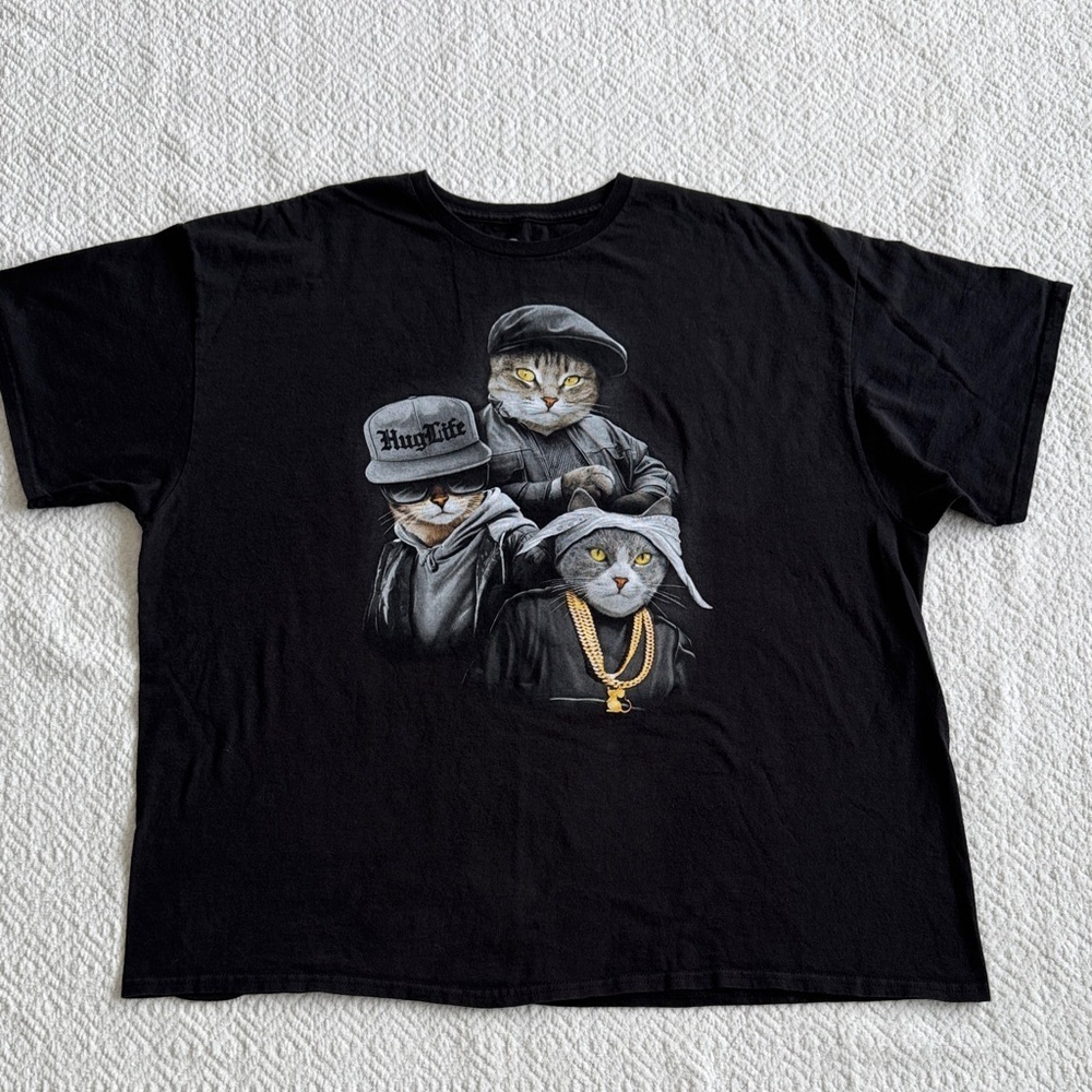 Cat Rapper Trio Hug Life Black Cotton T Shirt By DOM Size 3XL Cropped